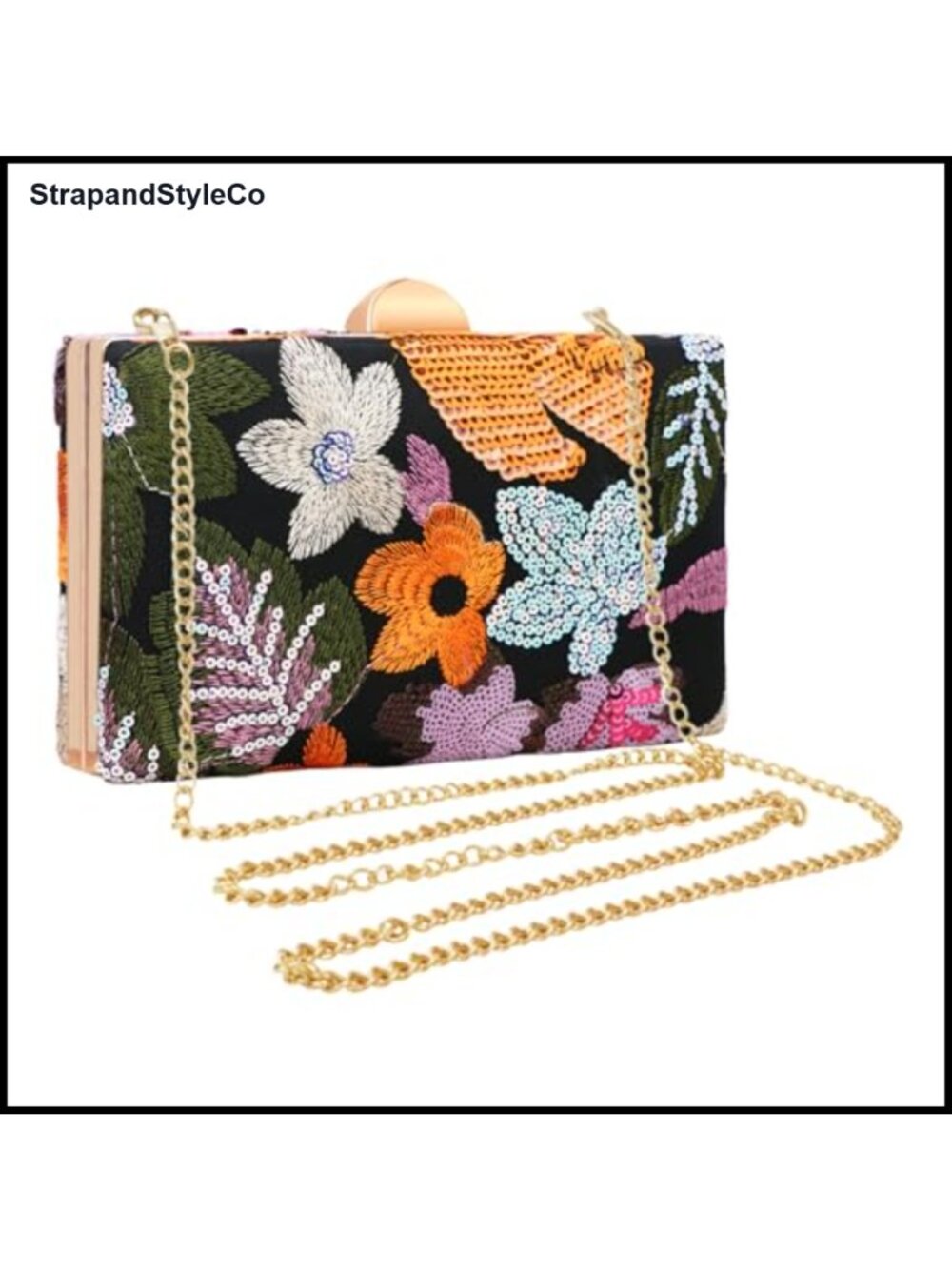 Beaded Sequin Floral Clutch Evening Bag Gold Plated Chain Convertible Handbag